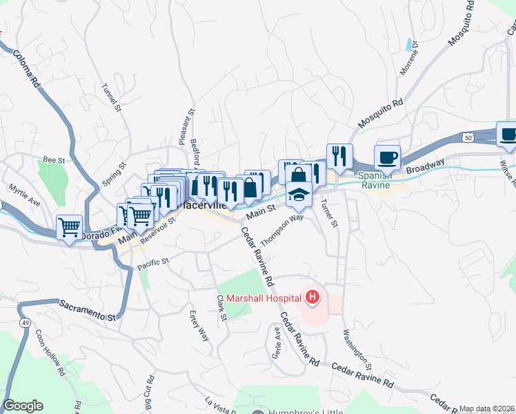 map of restaurants, bars, coffee shops, grocery stores, and more near 629 Main Street in Placerville