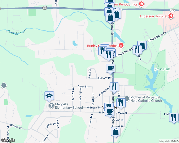 map of restaurants, bars, coffee shops, grocery stores, and more near 810 Patty Drive in Maryville