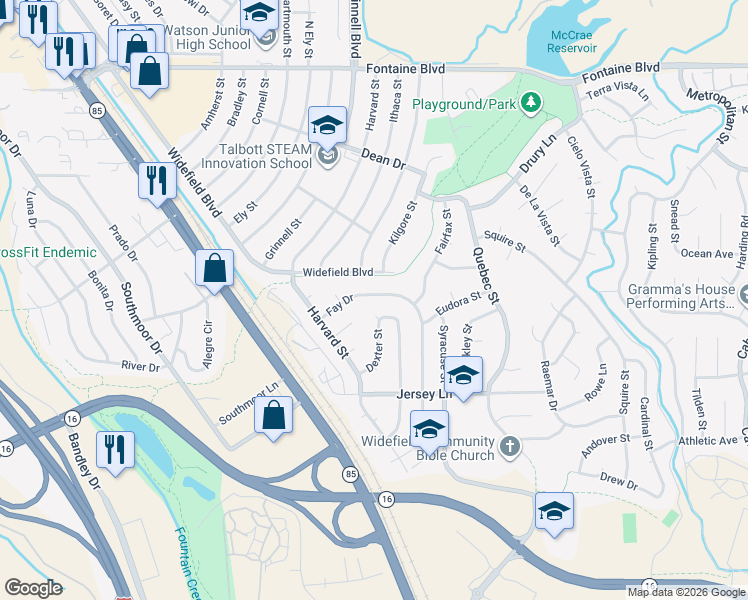map of restaurants, bars, coffee shops, grocery stores, and more near 324 Fay Drive in Colorado Springs
