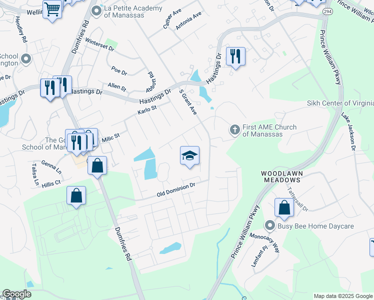 map of restaurants, bars, coffee shops, grocery stores, and more near 10328 Rosini Court in Manassas