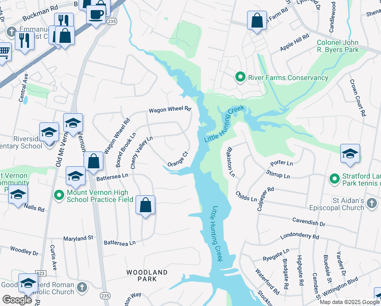 map of restaurants, bars, coffee shops, grocery stores, and more near 8352 Orange Court in Alexandria