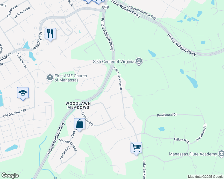 map of restaurants, bars, coffee shops, grocery stores, and more near 10504 Moonglow Court in Manassas