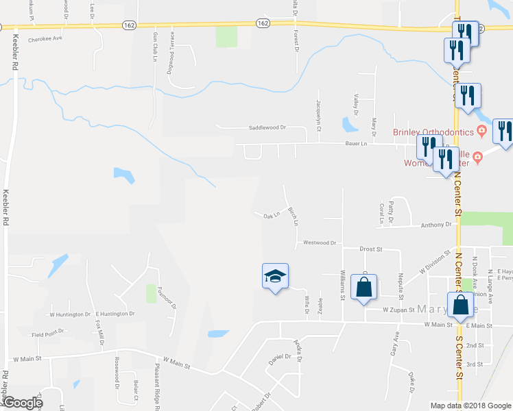 map of restaurants, bars, coffee shops, grocery stores, and more near 1120 Oak Lane in Maryville