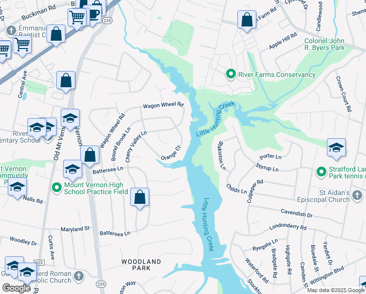 map of restaurants, bars, coffee shops, grocery stores, and more near 8352 Orange Court in Alexandria