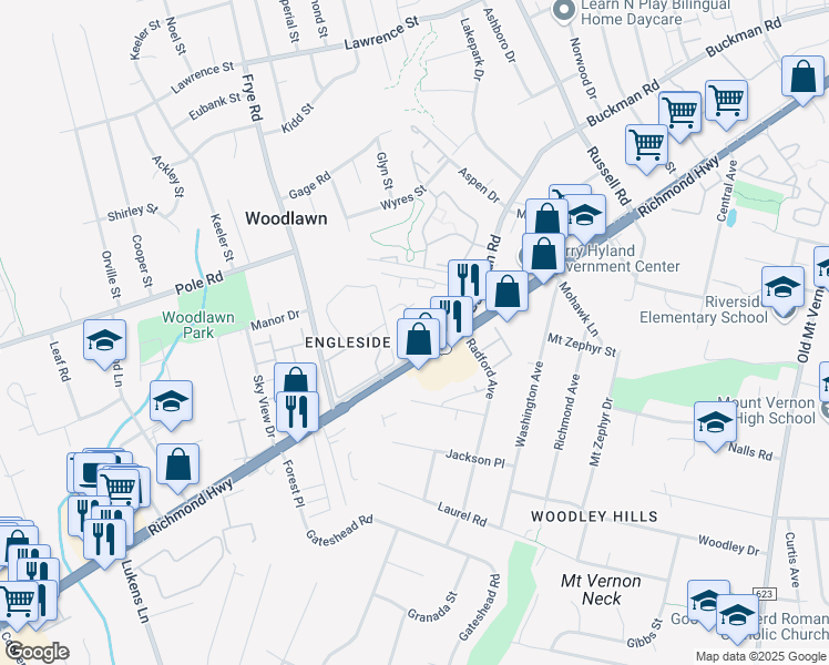 map of restaurants, bars, coffee shops, grocery stores, and more near 8455 Diablo Court in Alexandria