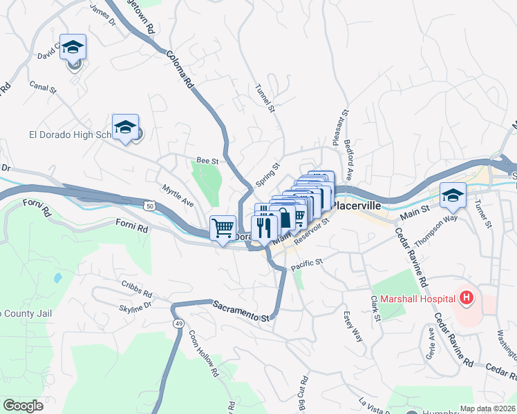map of restaurants, bars, coffee shops, grocery stores, and more near 2926 Conrad Street in Placerville