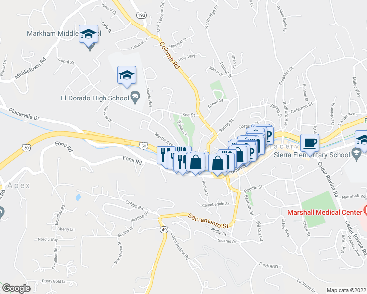 map of restaurants, bars, coffee shops, grocery stores, and more near 677 Canal Street in Placerville