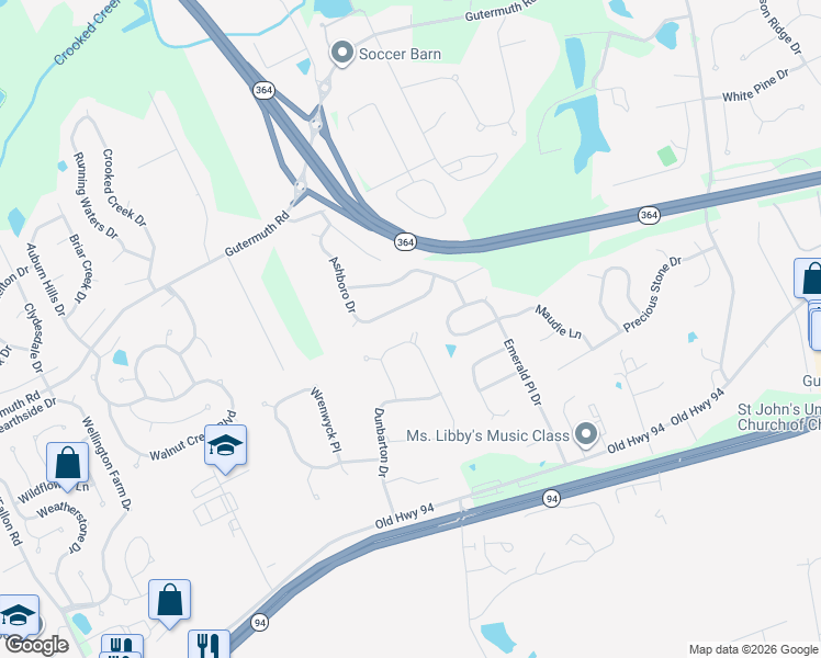 map of restaurants, bars, coffee shops, grocery stores, and more near 5554 Ashboro Drive in Cottleville