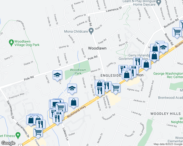 map of restaurants, bars, coffee shops, grocery stores, and more near 4711 Manor Drive in Alexandria
