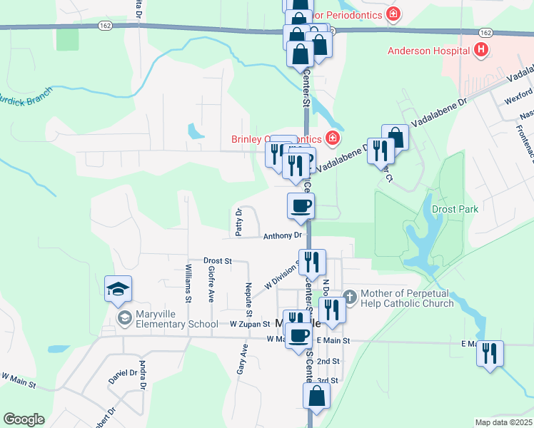 map of restaurants, bars, coffee shops, grocery stores, and more near 724 Patty Drive in Maryville