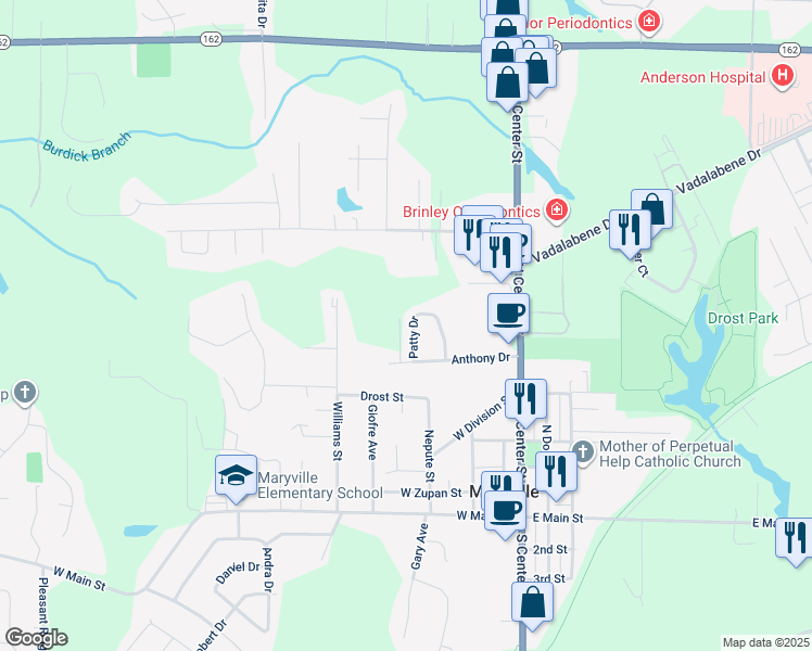 map of restaurants, bars, coffee shops, grocery stores, and more near 810 Patty Drive in Maryville