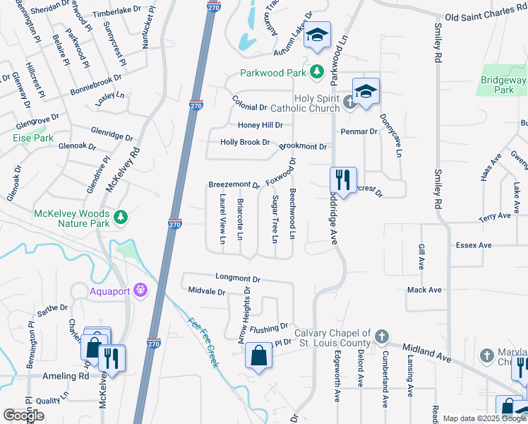 map of restaurants, bars, coffee shops, grocery stores, and more near 2861 Sugar Tree Lane in Maryland Heights
