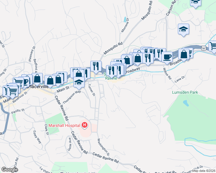 map of restaurants, bars, coffee shops, grocery stores, and more near 1220 Broadway in Placerville