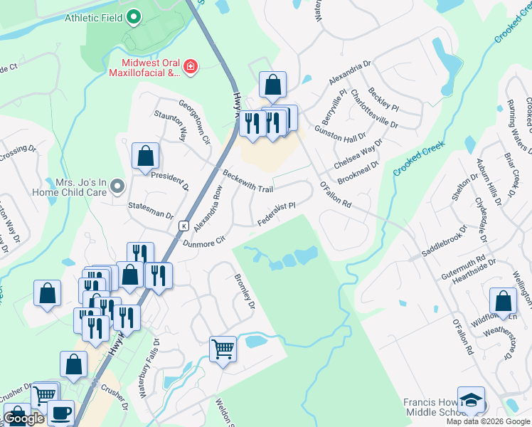 map of restaurants, bars, coffee shops, grocery stores, and more near 2421 Tuckahoe Circle in O'Fallon