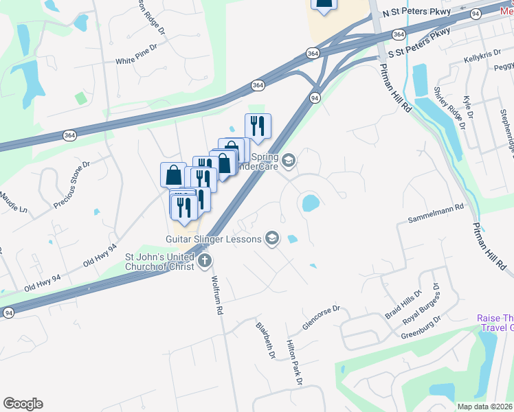 map of restaurants, bars, coffee shops, grocery stores, and more near 3023 Capri Way in St. Peters