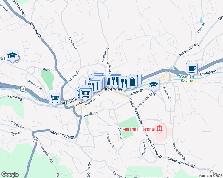 map of restaurants, bars, coffee shops, grocery stores, and more near in Placerville