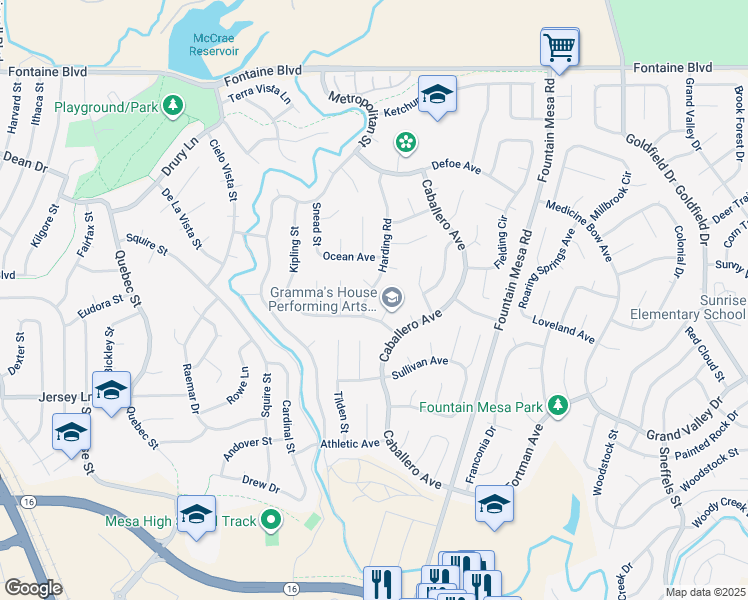 map of restaurants, bars, coffee shops, grocery stores, and more near 7020 Harding Road in Colorado Springs