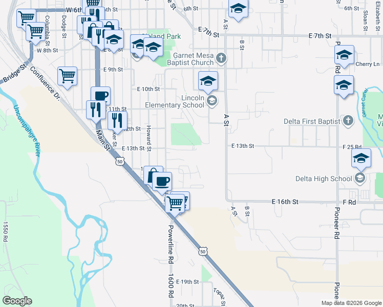 map of restaurants, bars, coffee shops, grocery stores, and more near 630 Bluff Place in Delta
