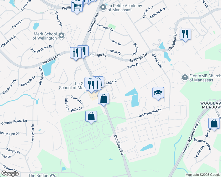 map of restaurants, bars, coffee shops, grocery stores, and more near 9320 Caspian Way in Manassas