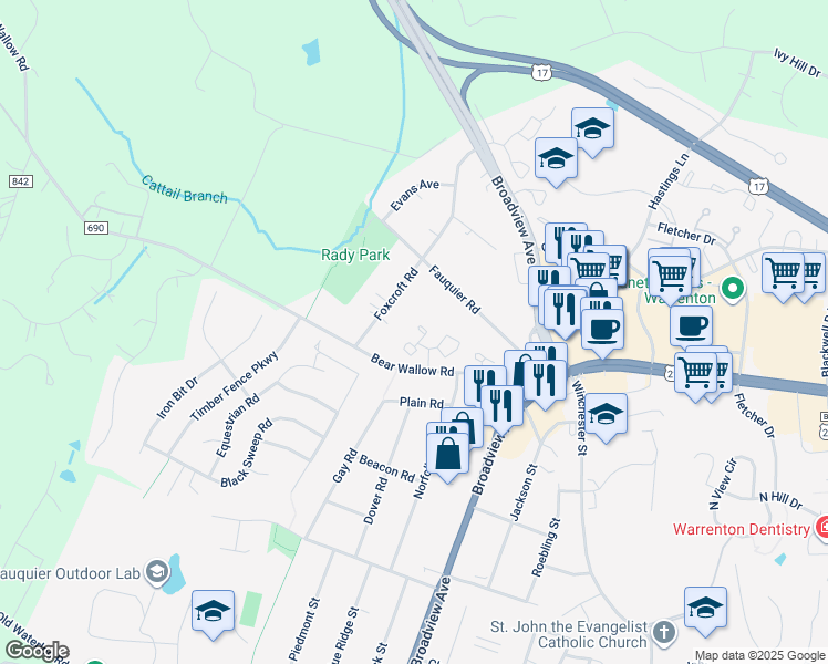 map of restaurants, bars, coffee shops, grocery stores, and more near 442 Ridge Court in Warrenton