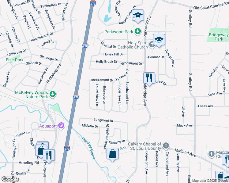 map of restaurants, bars, coffee shops, grocery stores, and more near 2861 Sugar Tree Lane in Maryland Heights