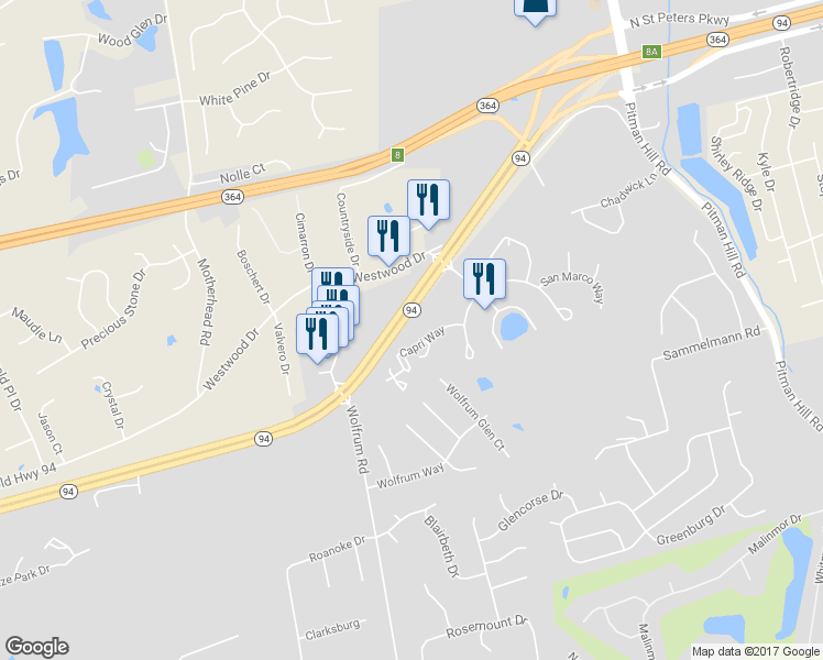 map of restaurants, bars, coffee shops, grocery stores, and more near 3423 Capri Way in St. Peters