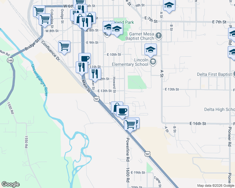map of restaurants, bars, coffee shops, grocery stores, and more near 1306 Howard Street in Delta