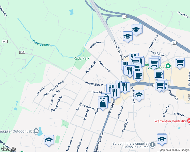 map of restaurants, bars, coffee shops, grocery stores, and more near 442 Ridge Court in Warrenton