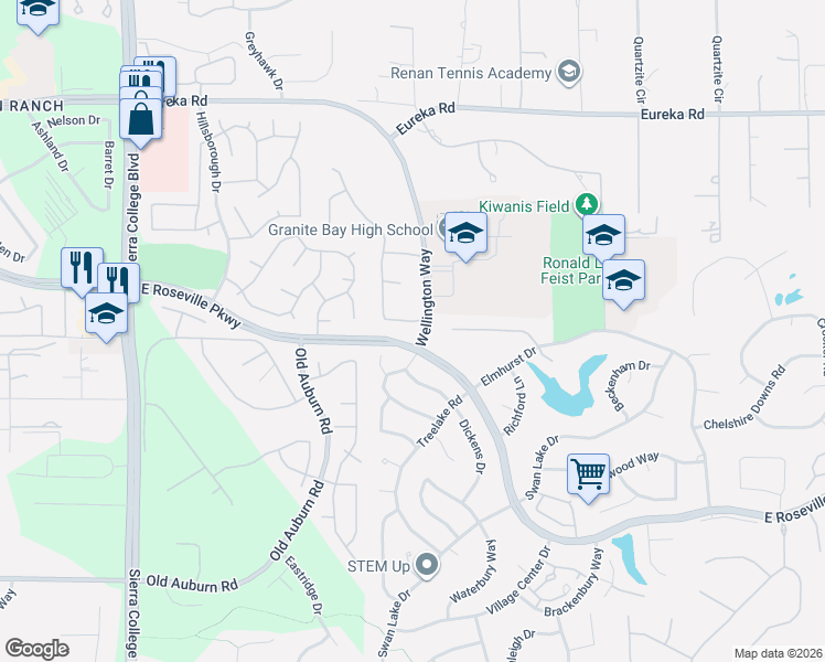 map of restaurants, bars, coffee shops, grocery stores, and more near 9012 Cedar Ridge Drive in Granite Bay