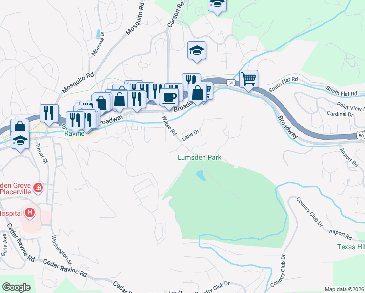 map of restaurants, bars, coffee shops, grocery stores, and more near 3108 Wiltse Road in Placerville