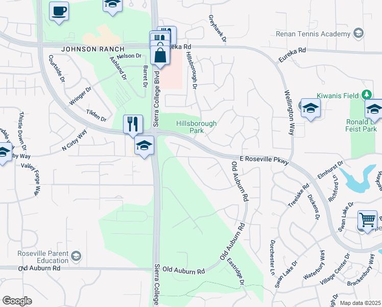 map of restaurants, bars, coffee shops, grocery stores, and more near 6130 Lockridge Drive in Roseville