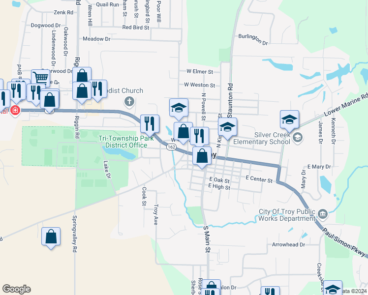 map of restaurants, bars, coffee shops, grocery stores, and more near 203 Edwardsville Road in Troy