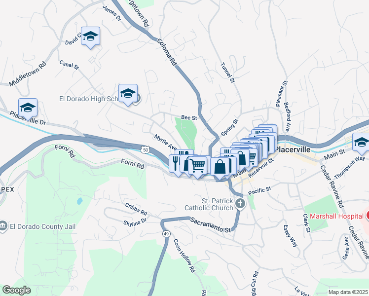 map of restaurants, bars, coffee shops, grocery stores, and more near 663 Canal Street in Placerville