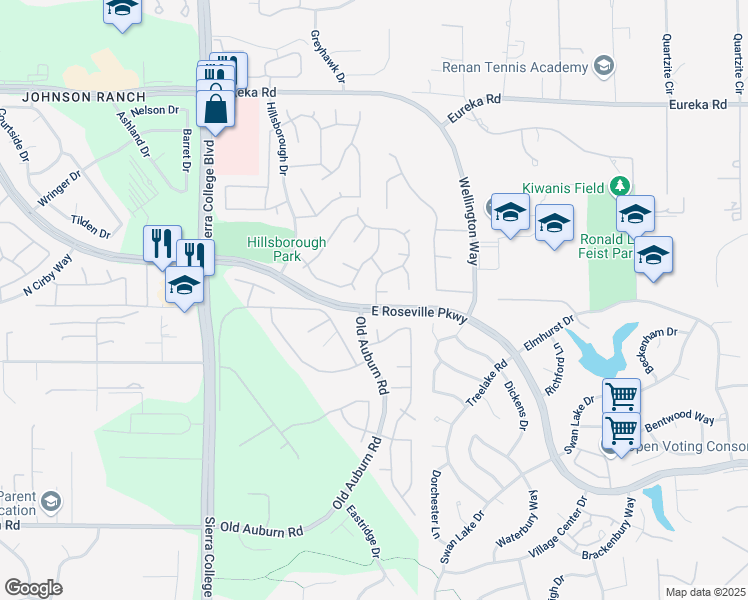 map of restaurants, bars, coffee shops, grocery stores, and more near 220 Prescott Court in Roseville