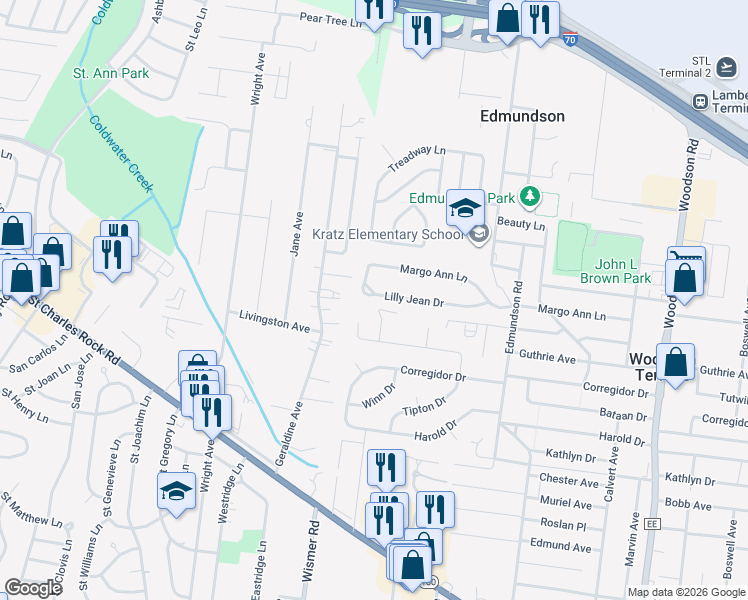 map of restaurants, bars, coffee shops, grocery stores, and more near 9749 Lilly Jean Drive in St. Louis