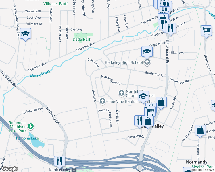 map of restaurants, bars, coffee shops, grocery stores, and more near 8411 Falmouth Drive in St. Louis