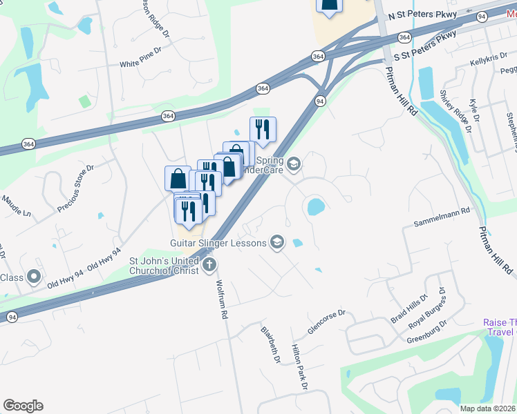 map of restaurants, bars, coffee shops, grocery stores, and more near 3023 Capri Way in St. Peters