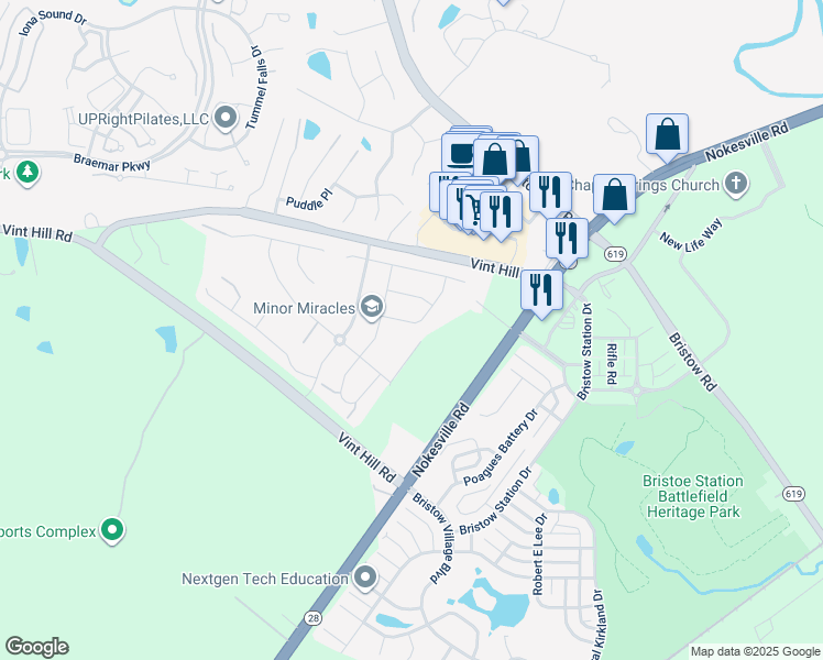 map of restaurants, bars, coffee shops, grocery stores, and more near Bittersweet Lane in Bristow