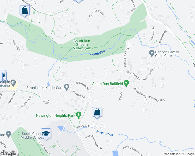 map of restaurants, bars, coffee shops, grocery stores, and more near 8428 Great Lake Lane in Springfield