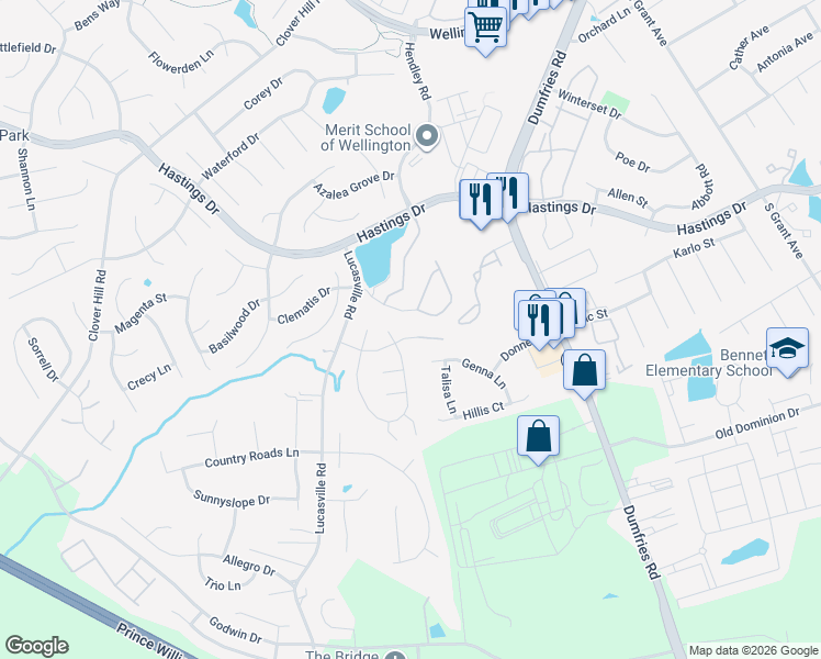 map of restaurants, bars, coffee shops, grocery stores, and more near 9364 Hidden Spring Drive in Manassas
