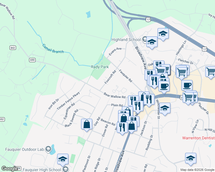 map of restaurants, bars, coffee shops, grocery stores, and more near 451 Foxcroft Road in Warrenton