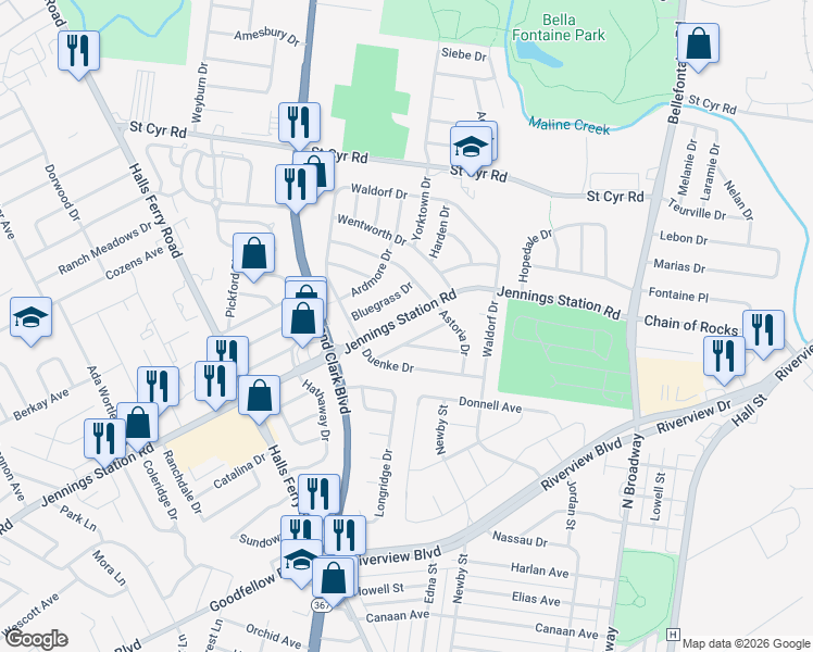 map of restaurants, bars, coffee shops, grocery stores, and more near 1224 Jennings Station Road in St. Louis