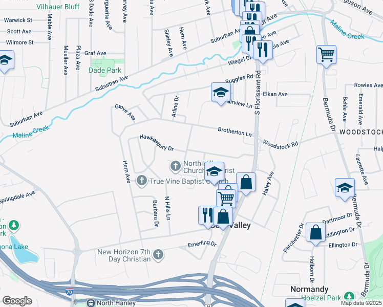 map of restaurants, bars, coffee shops, grocery stores, and more near 321 Hawkesbury Drive in St. Louis