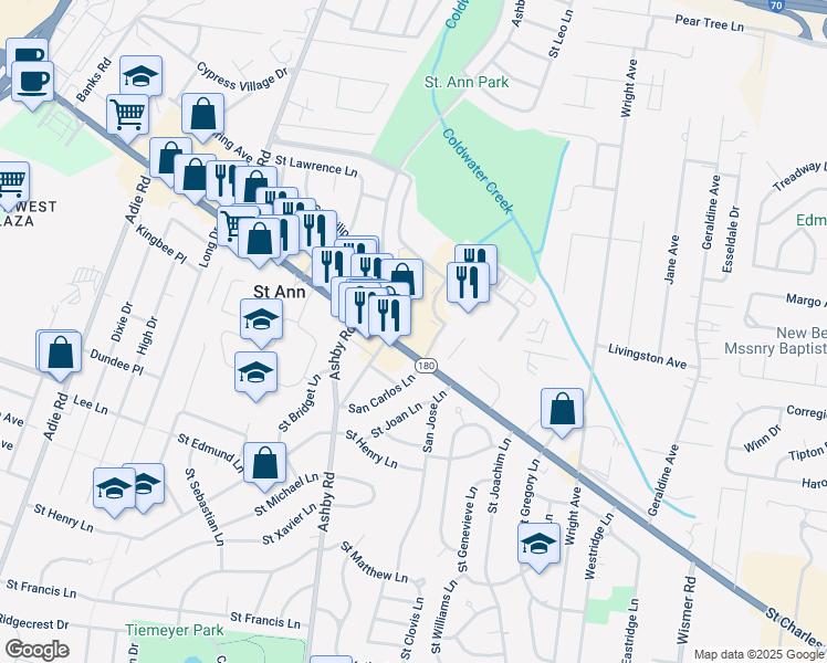 map of restaurants, bars, coffee shops, grocery stores, and more near 10449 Saint Charles Rock Road in St. Ann