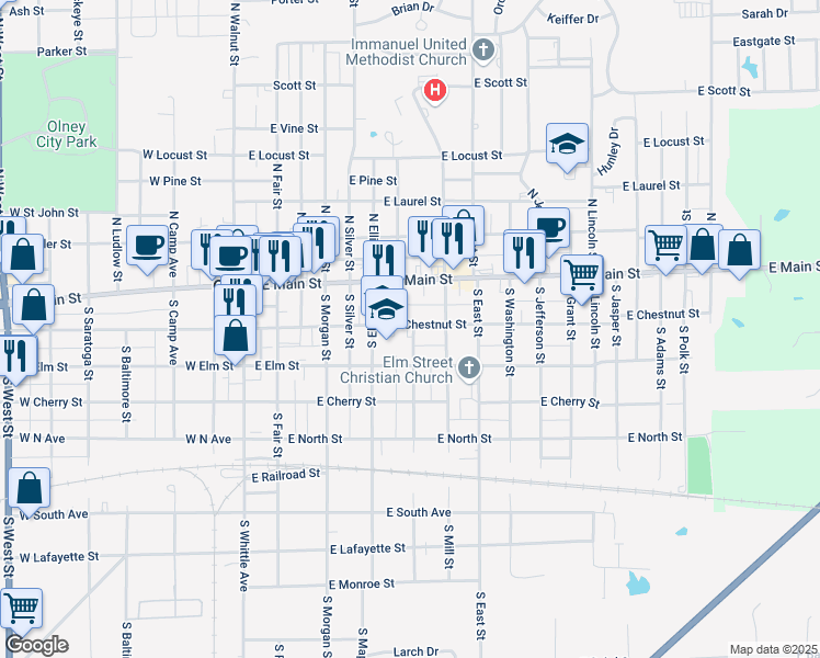 map of restaurants, bars, coffee shops, grocery stores, and more near 598 East Chestnut Street in Olney