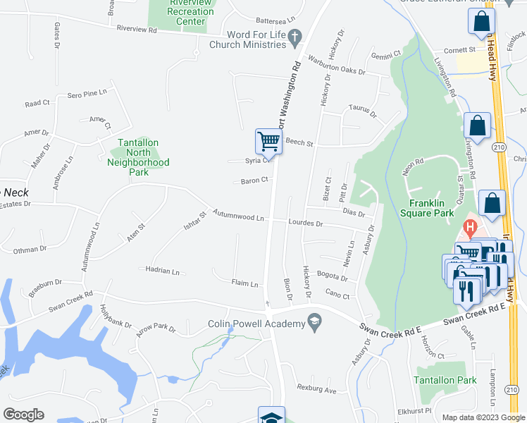 map of restaurants, bars, coffee shops, grocery stores, and more near 11901 Autumnwood Lane in Fort Washington