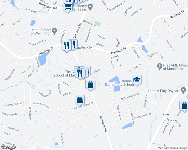 map of restaurants, bars, coffee shops, grocery stores, and more near 9310 Caspian Way in Manassas