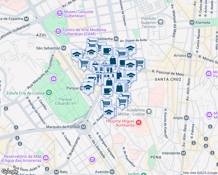 map of restaurants, bars, coffee shops, grocery stores, and more near 32 Rua Andrade Corvo in Lisboa
