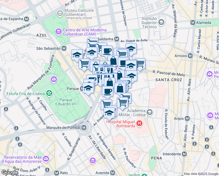 map of restaurants, bars, coffee shops, grocery stores, and more near 32 Rua Andrade Corvo in Lisboa
