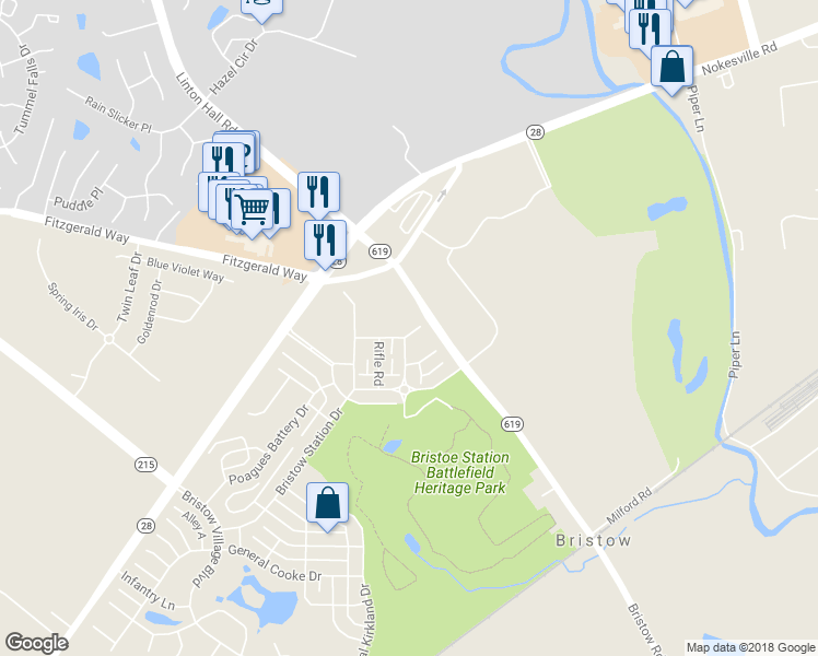 map of restaurants, bars, coffee shops, grocery stores, and more near 11688 Camp Jones Court in Bristow
